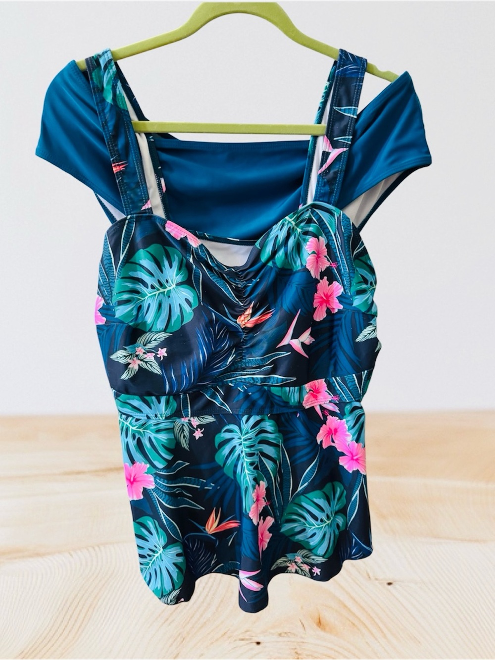 Tropical Floral Tankini Top in Teal & Navy with Pink Accents